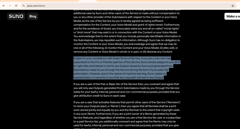 screenshot of suno's terms