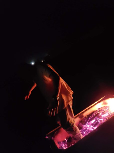 Me standing in a bathtub full of hot coals in my pants and steel toe boots just to see how long I can take it. Drinking was involved...